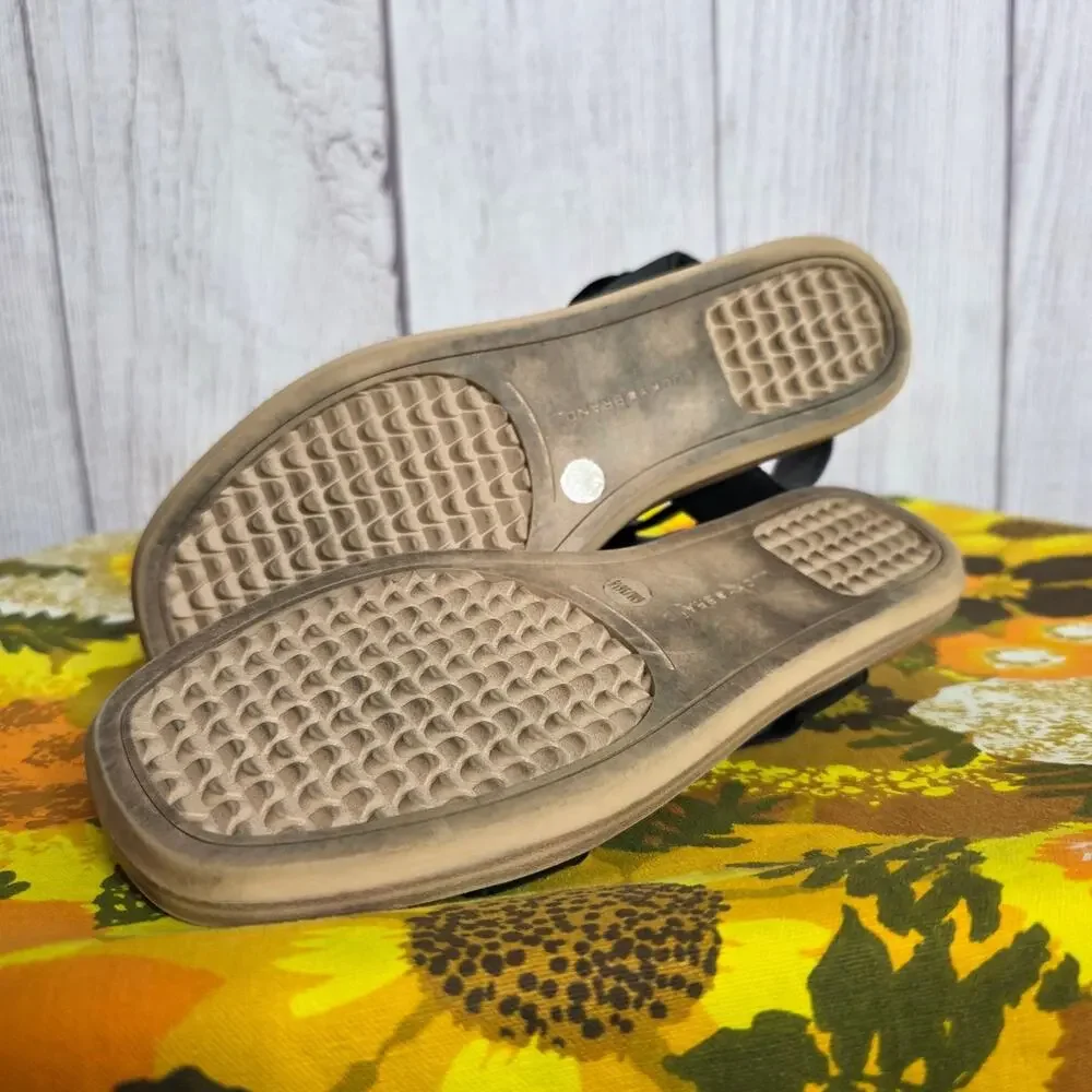 Lucky Brand Natany Black Leather Flat Sandals Braided T Strap Ankle - Size 6